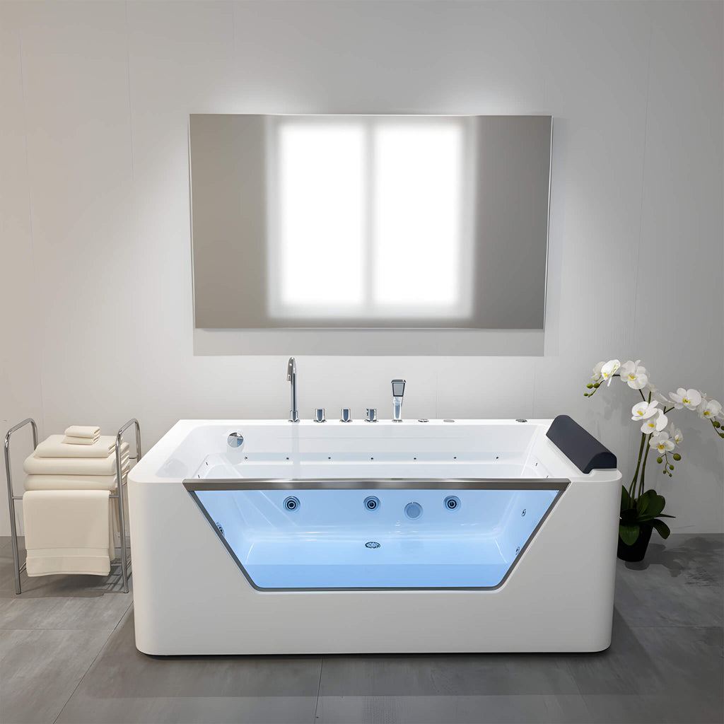 67-Inch 7-Jets Hydrotherapy Whirlpool Bathtub With Glass Panel (SAK25480) - Saksby Wholesale - Front View In Front Of Mirror
