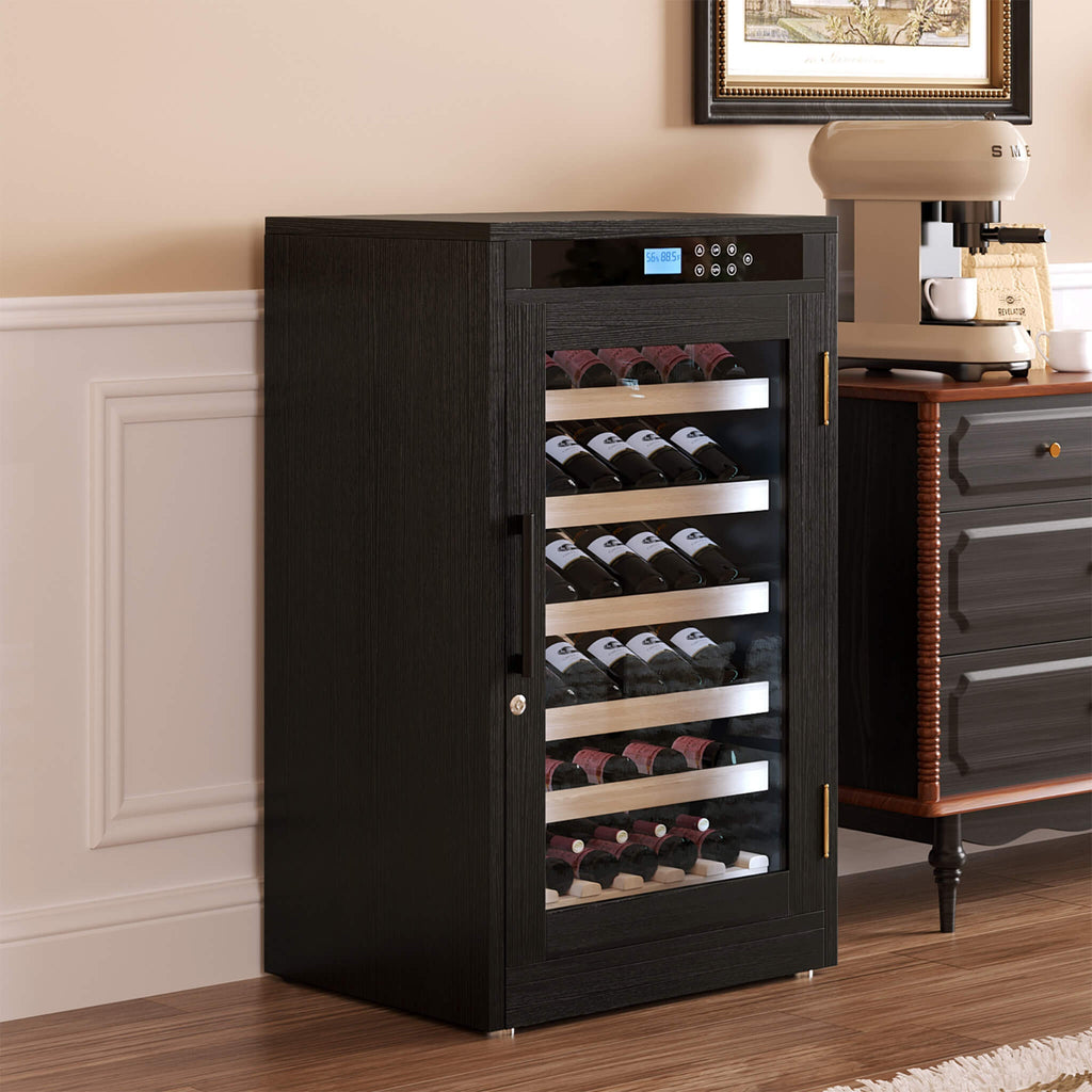 69-Bottle Freestanding Smart Wooden Wine Cooler With LED Touch Display (SAK24861) - Saksby Wholesale - Lifestyle Front Right View