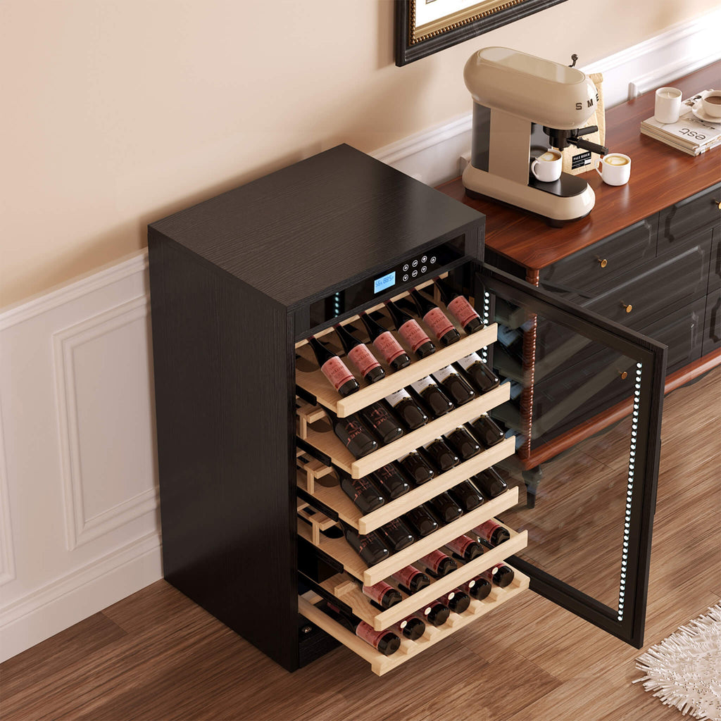 69-Bottle Freestanding Smart Wooden Wine Cooler With LED Touch Display (SAK24861) - Saksby Wholesale - Lifestyle Top View With Shelves Out And Door Opened