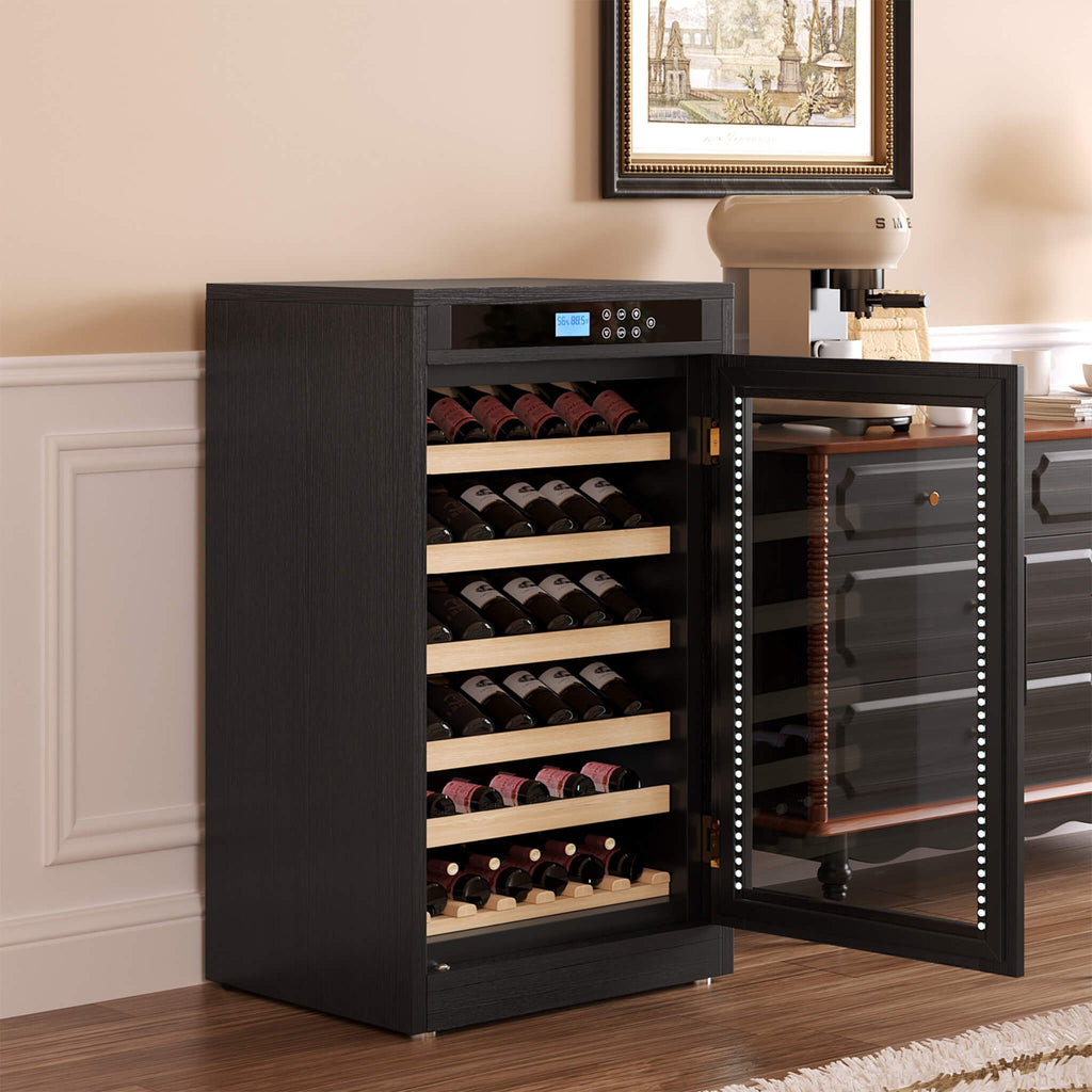 69-Bottle Freestanding Smart Wooden Wine Cooler With LED Touch Display (SAK24861) - Saksby Wholesale - Lifestyle Wth Door Opened