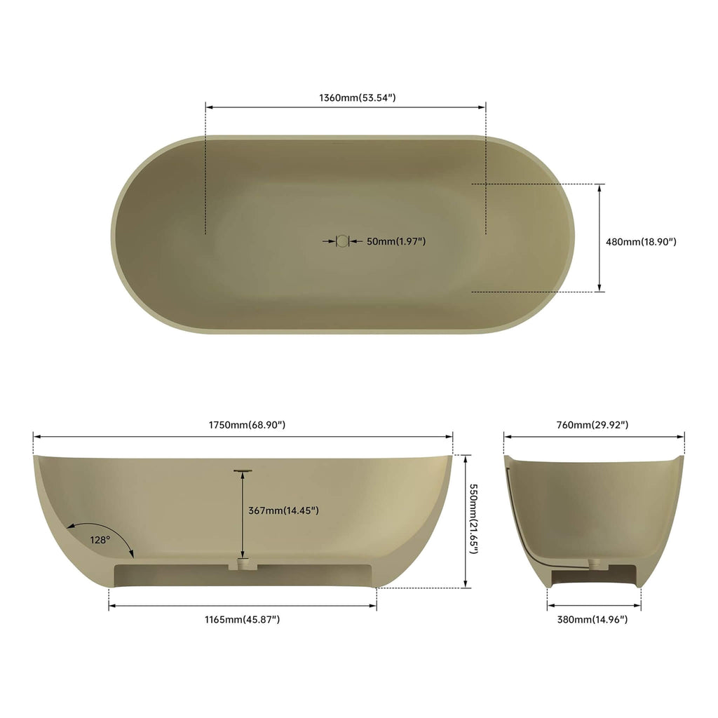 [69X30-Inch] Freestanding Oval Stone Resin Soaking Tub With Overflow Drain (SAK35786) - Saksby Wholesale - Dimension