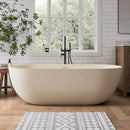 [69X30-Inch] Freestanding Oval Stone Resin Soaking Tub With Overflow Drain (SAK35786) - Saksby Wholesale - Lifestyle Cream Beige In Bathroom Front View