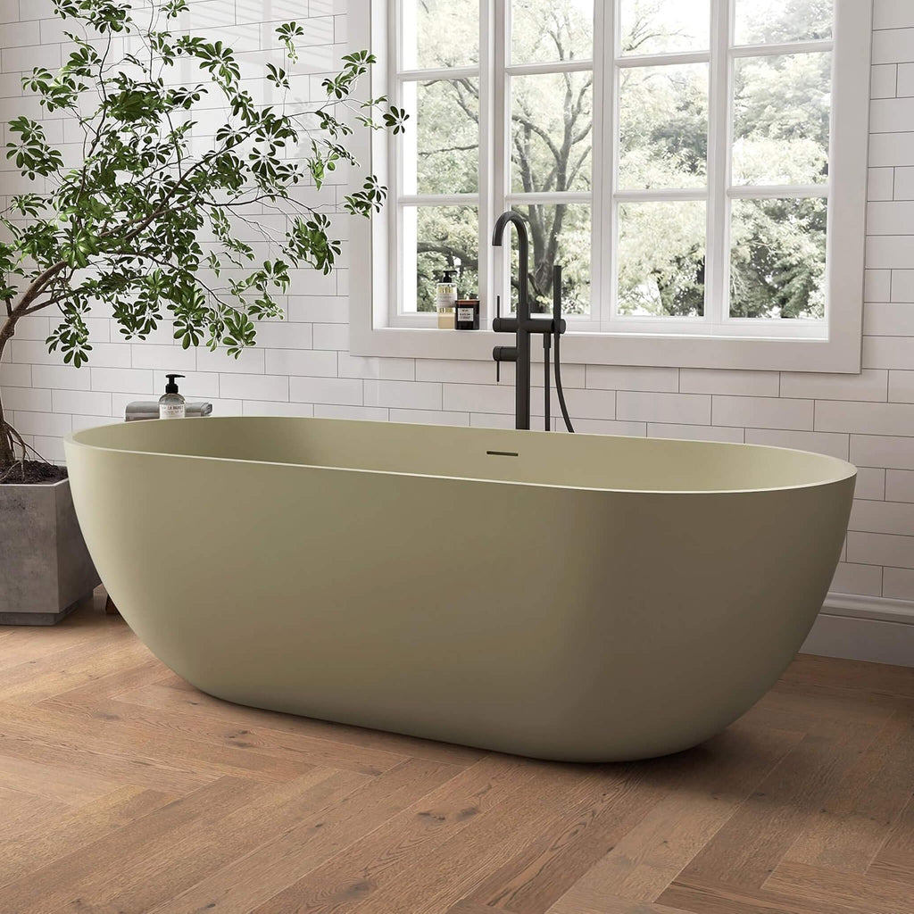 [69X30-Inch] Freestanding Oval Stone Resin Soaking Tub With Overflow Drain (SAK35786) - Saksby Wholesale - Lifestyle Olive Green In Bathroom Front Left View