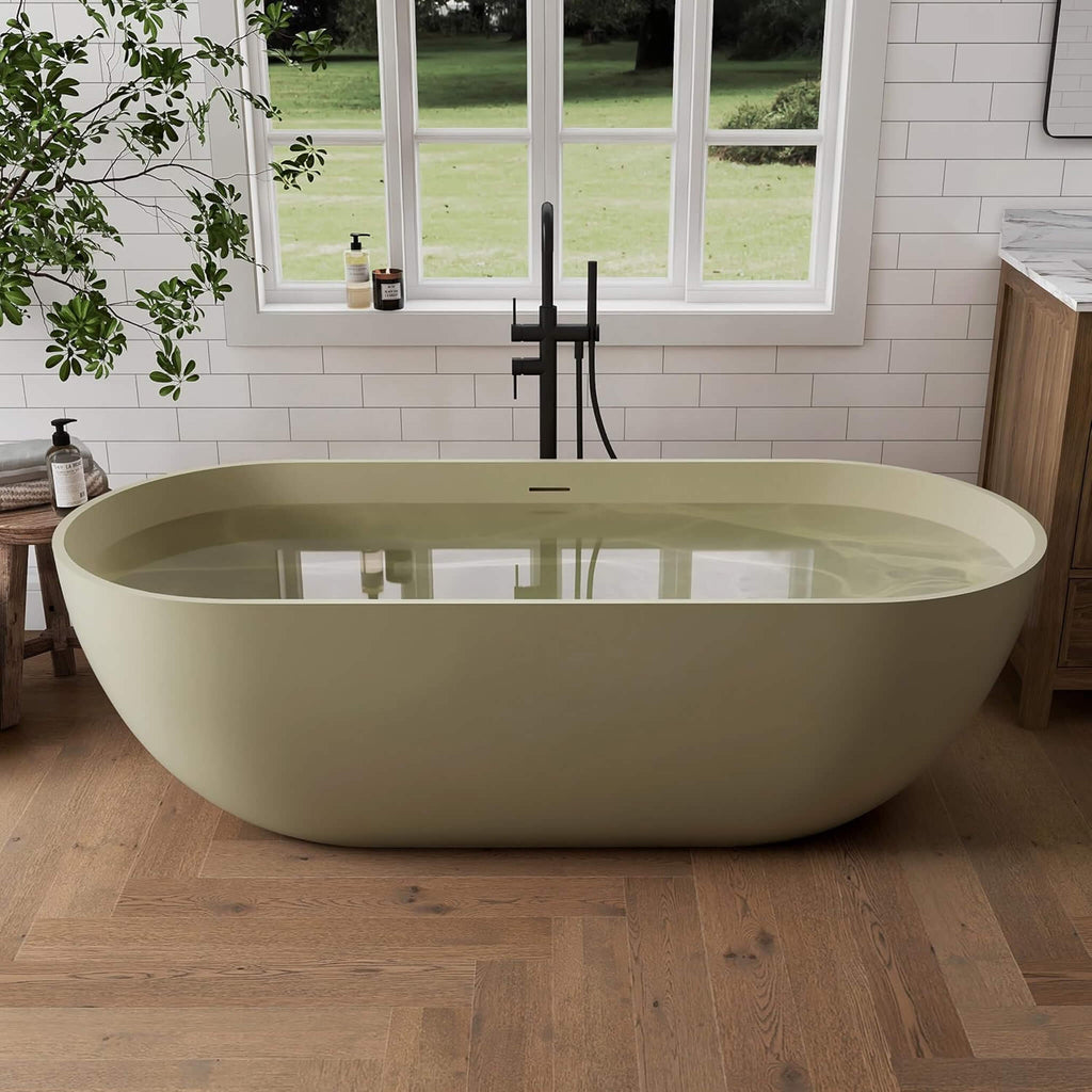 [69X30-Inch] Freestanding Oval Stone Resin Soaking Tub With Overflow Drain (SAK35786) - Saksby Wholesale - Lifestyle Olive Green In Bathroom Front View With Water