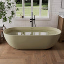[69X30-Inch] Freestanding Oval Stone Resin Soaking Tub With Overflow Drain (SAK35786) - Saksby Wholesale - Lifestyle Olive Green In Bathroom Front View With Water