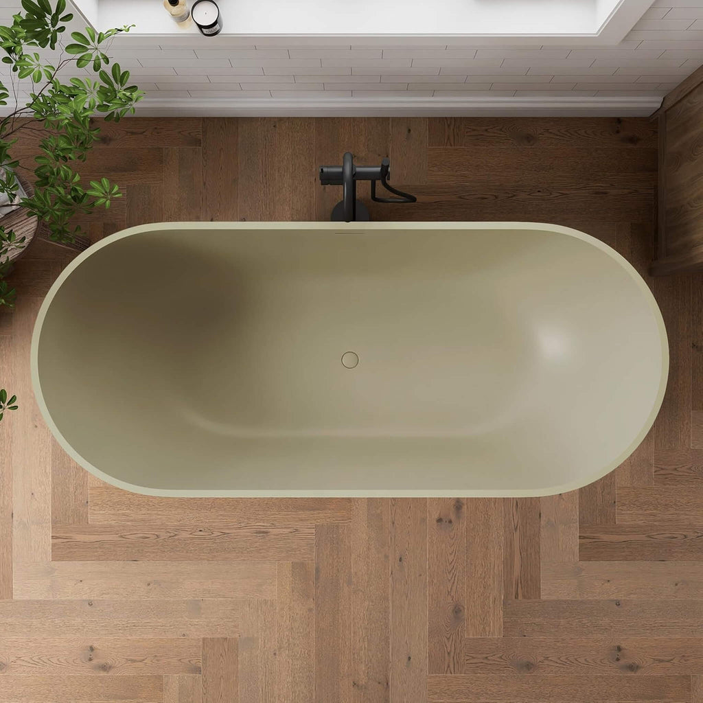 [69X30-Inch] Freestanding Oval Stone Resin Soaking Tub With Overflow Drain (SAK35786) - Saksby Wholesale - Lifestyle Olive Green In Bathroom Top View