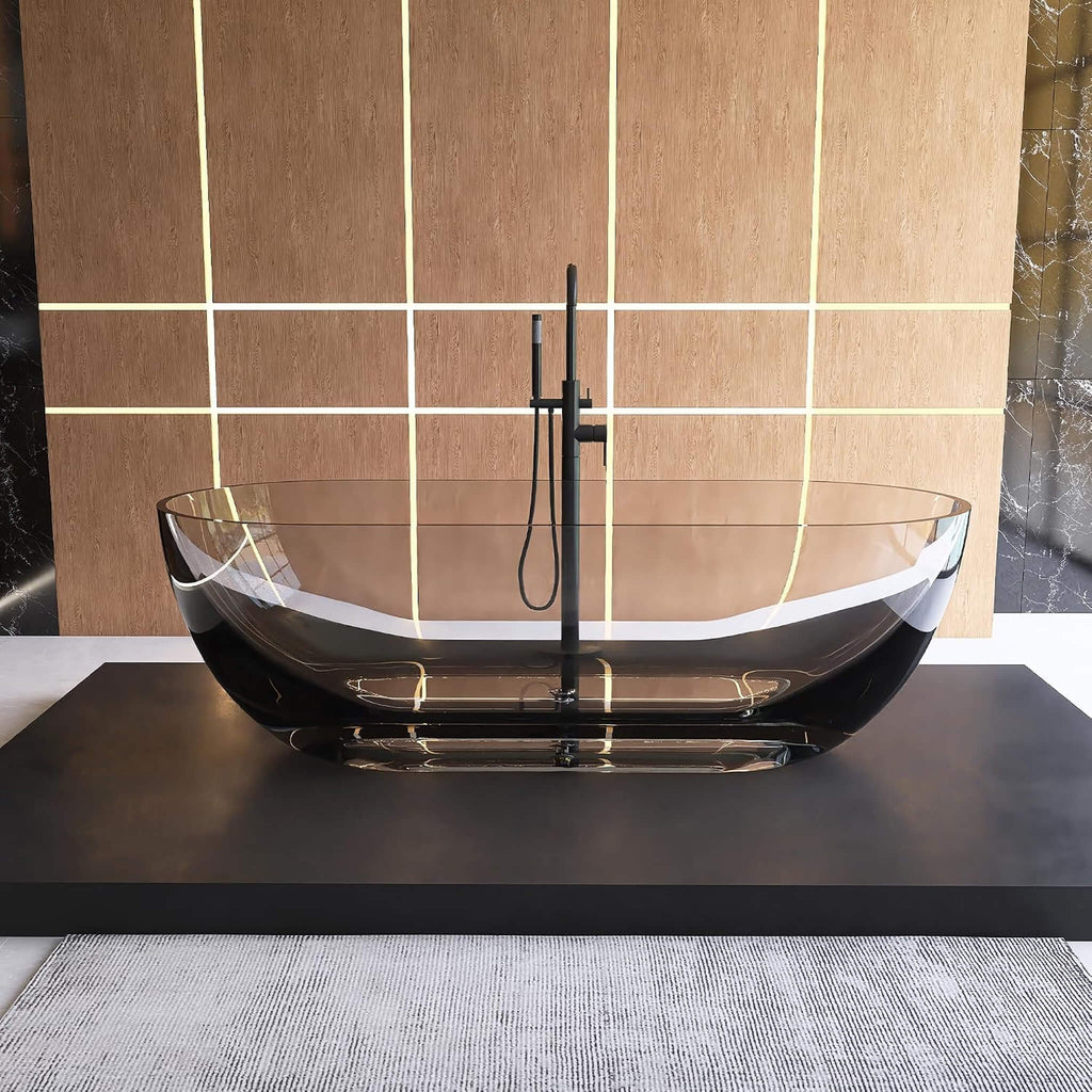 [69X30-Inch] Freestanding Oval Stone Resin Soaking Tub With Overflow Drain (SAK35786) - Saksby Wholesale - Lifestyle Transparent Gray In Bathroom Front View