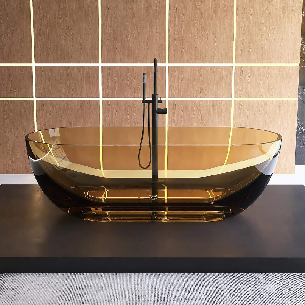 [69X30-Inch] Freestanding Oval Stone Resin Soaking Tub With Overflow Drain (SAK35786) - Saksby Wholesale - Lifestyle Transparent Sepia In Bathroom Front View