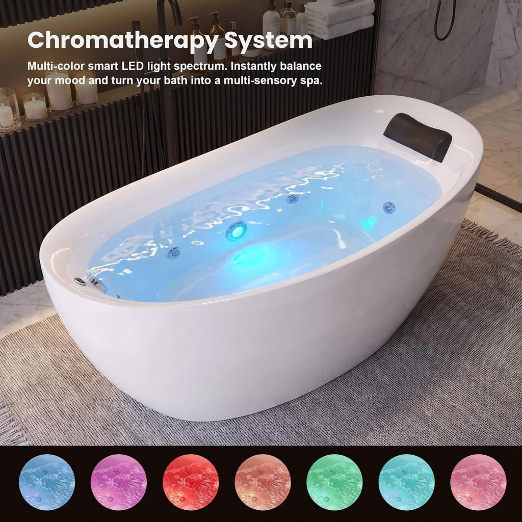 71-Inch Acrylic High-Back Oval Whirlpool Tub With 6 Jets LED Light And Gel Pillow (SAK21370) - Saksby Wholesale - Chromatherapy System