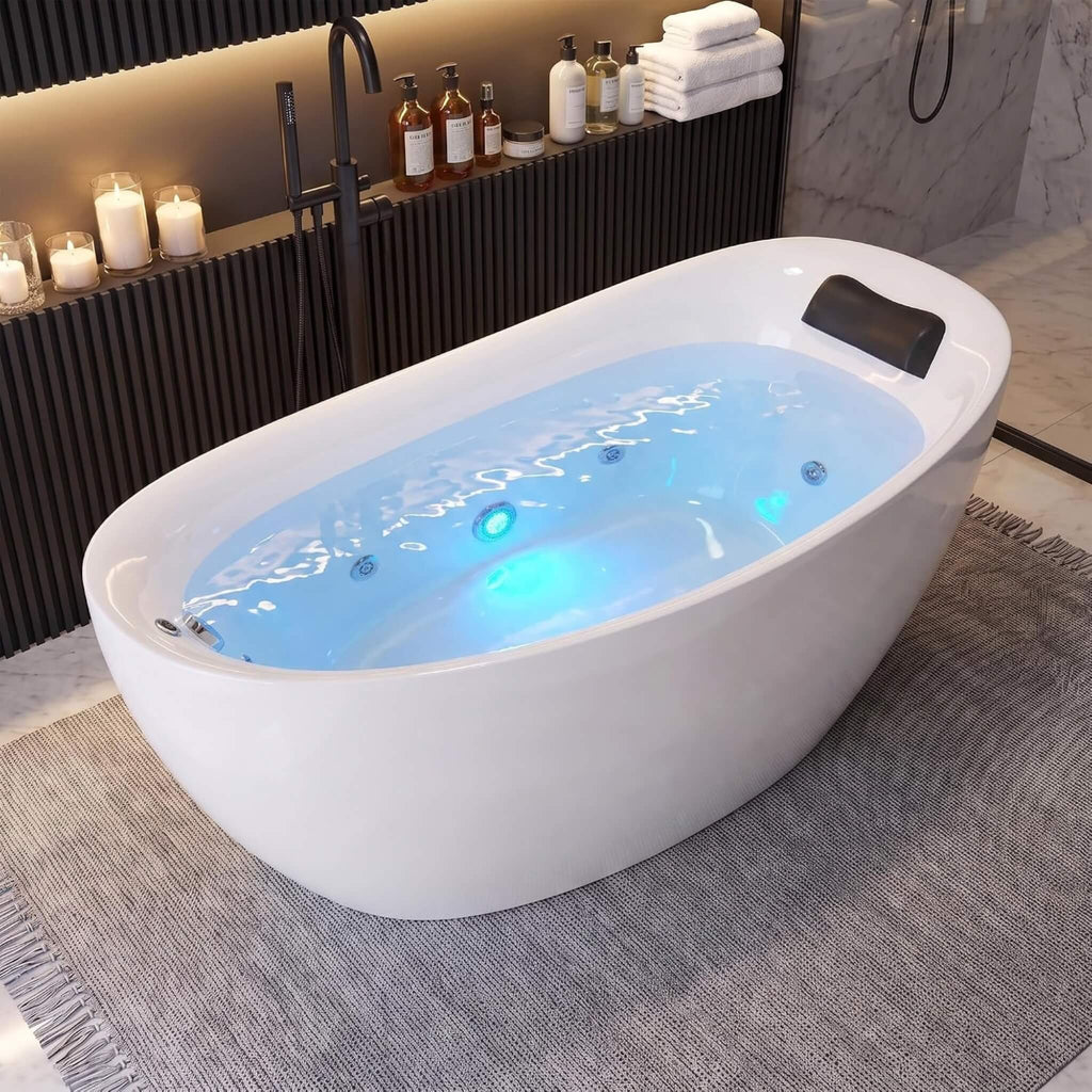 71-Inch Acrylic High-Back Oval Whirlpool Tub With 6 Jets LED Light And Gel Pillow (SAK21370) - Saksby Wholesale - Lifestyle Image With Water