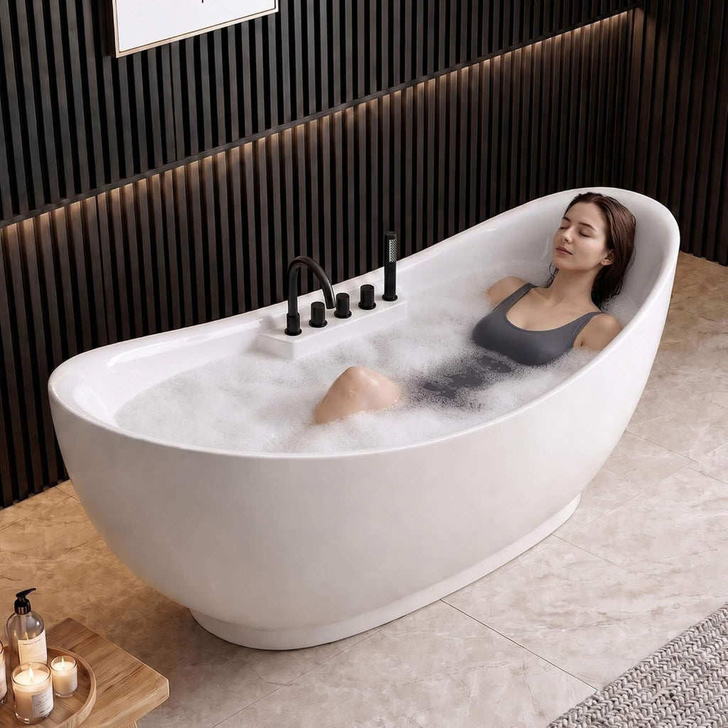 71-Inch Double-End Oval Acrylic Freestanding Whirlpool Tub With Air Bubble Jets (SAK18954) - Saksby Wholesale - Lifestyle Image