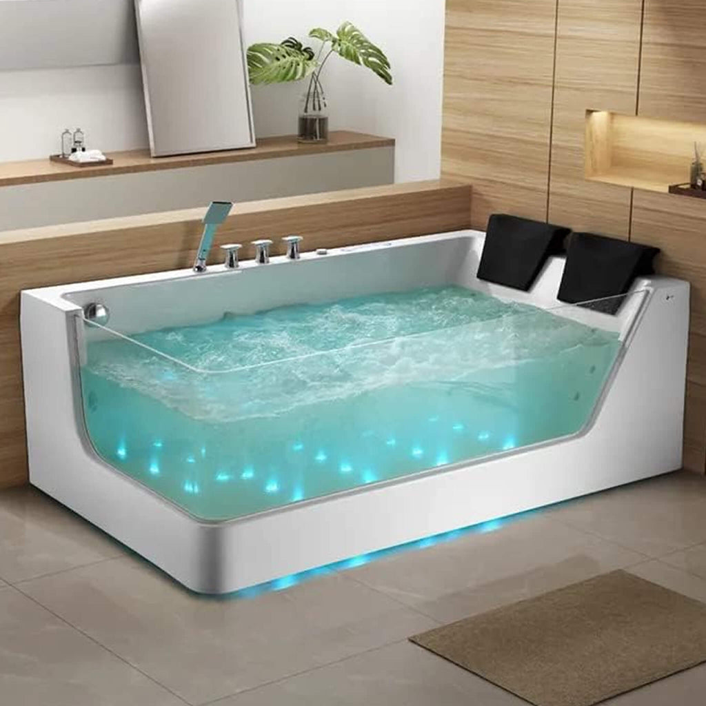 71-Inch Luxury 2-Person Acrylic Whirlpool Tub With LED Lights Jets And Faucet (SAK69173) - Saksby Wholesale - Lifestyle Front Left View In Bathroom