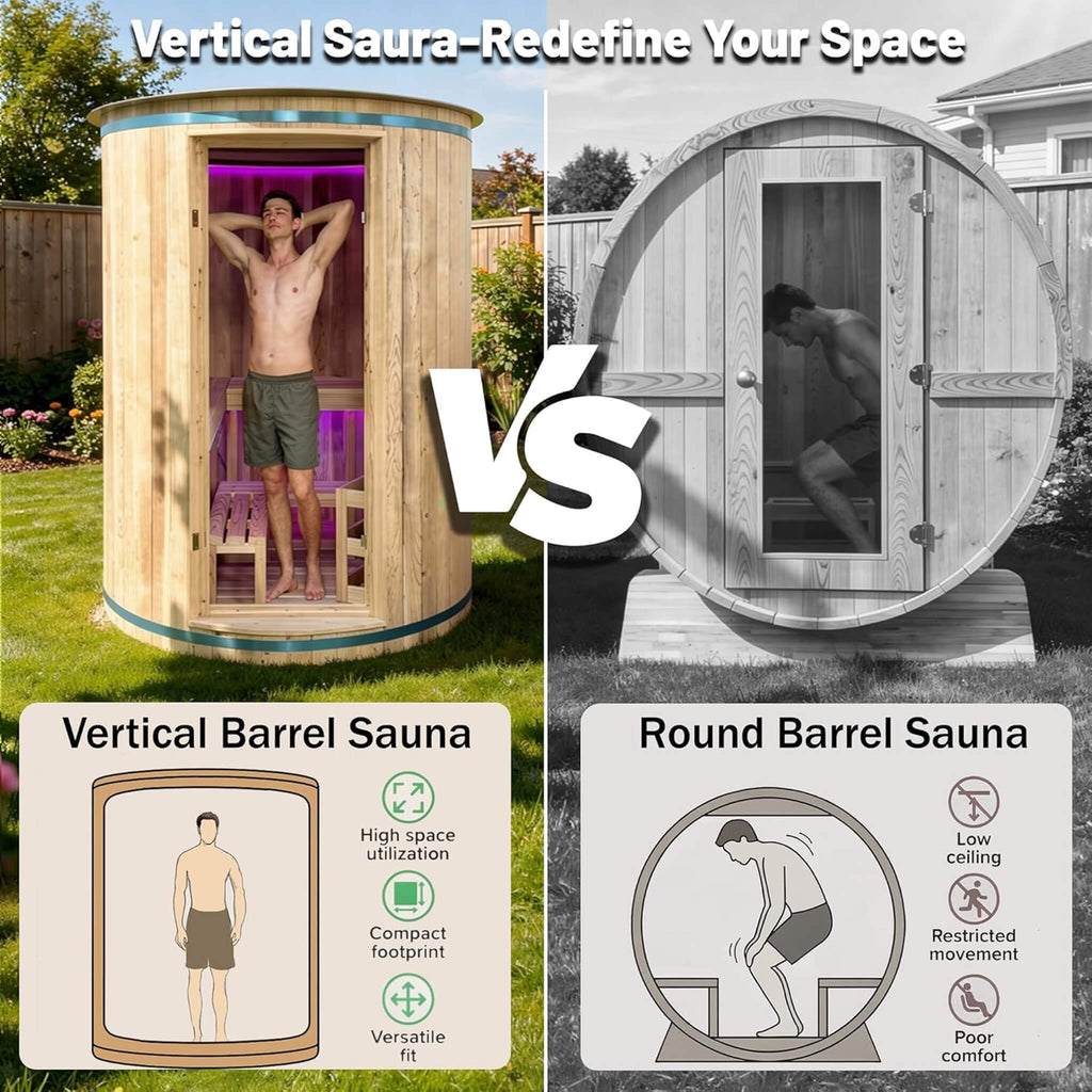 78-Inch 4-Person Cedar Wood Vertical Barrel Sauna With 6KW Heater And LED Lights (SAK74813) - Saksby Wholesale - Veritical Vs Round Barrel Sauna Comparison