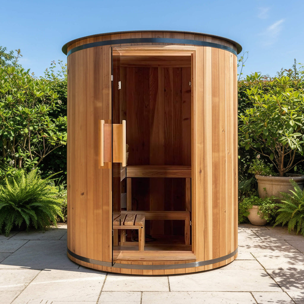78-Inch 4-Person Cedar Wood Vertical Barrel Sauna With 6KW Heater And LED Lights (SAK74813) - Saksby Wholesale - Lifestyle In Backyard Daytime