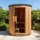 78-Inch 4-Person Cedar Wood Vertical Barrel Sauna With 6KW Heater And LED Lights (SAK74813) - Saksby Wholesale - Lifestyle In Backyard Daytime