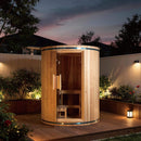 78-Inch 4-Person Cedar Wood Vertical Barrel Sauna With 6KW Heater And LED Lights (SAK74813) - Saksby Wholesale - Lifestyle In Backyard Nighttime