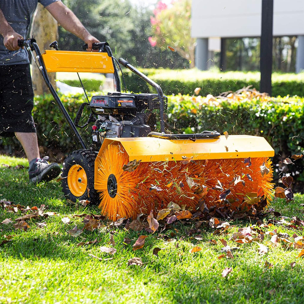 Heavy-Duty 7HP 31-Inch Commercial Walk-Behind Gas-Powered Sweeper (SAK25489) - Saksby Wholesale - Lifestyle Front Right View With Man Pushing