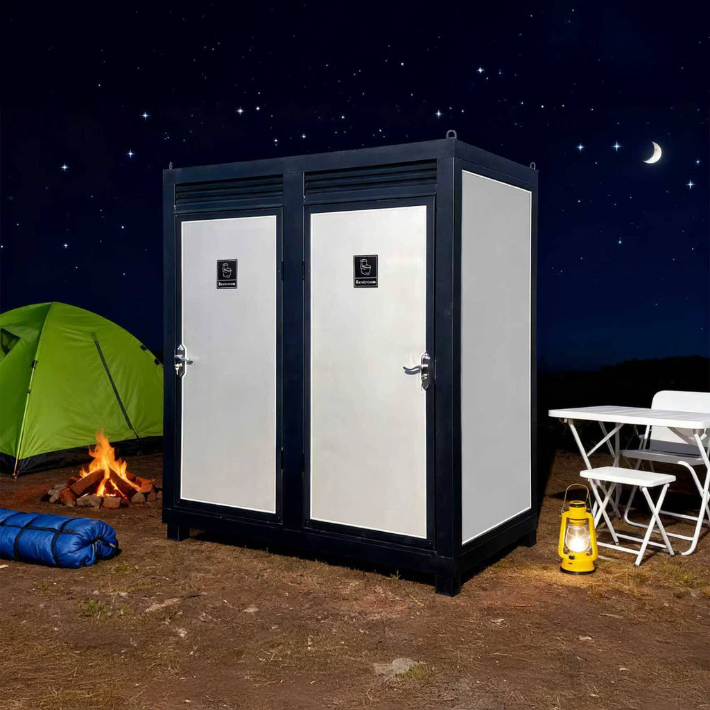 82-Inch Two-Person Portable Outdoor Toilet Cabin - Saksby Wholesale - Lifestyle On Camp Site At Night