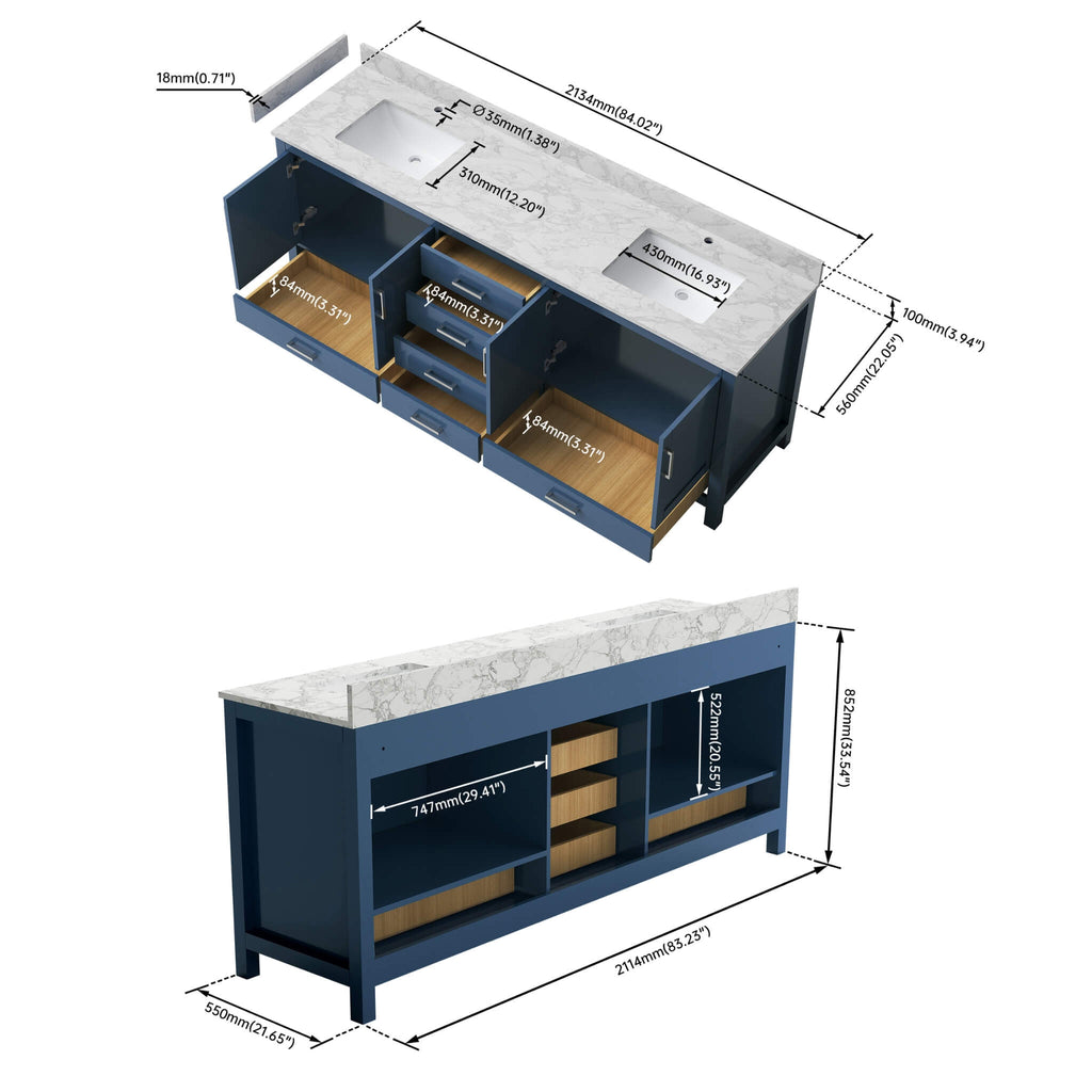 83-Inch Blue Modern Double Sink Freestanding Bathroom Vanity (SAK13972) - Dimensions View