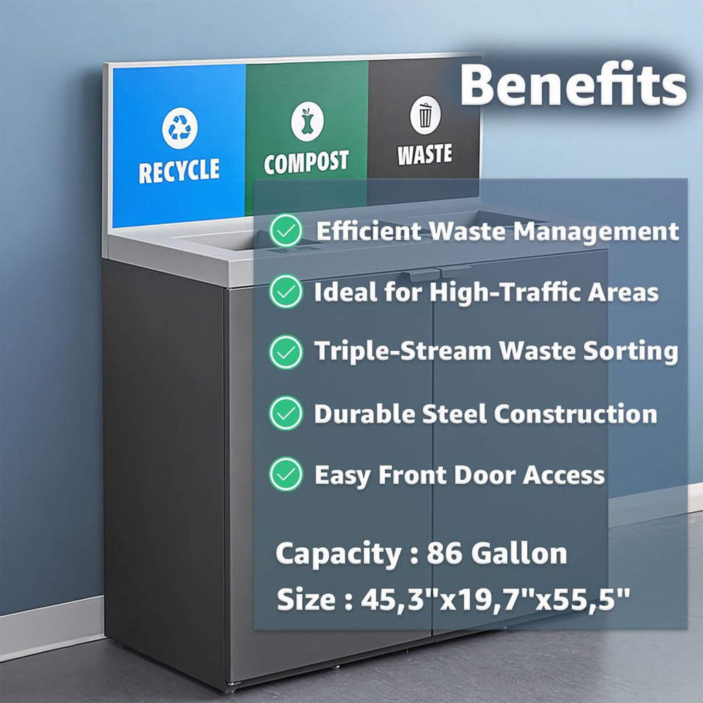86-Gallon Commercial Steel Three-Stream Trash Can Cabinet With Panel (SAK96241) - Saksby Wholesale - Benefits