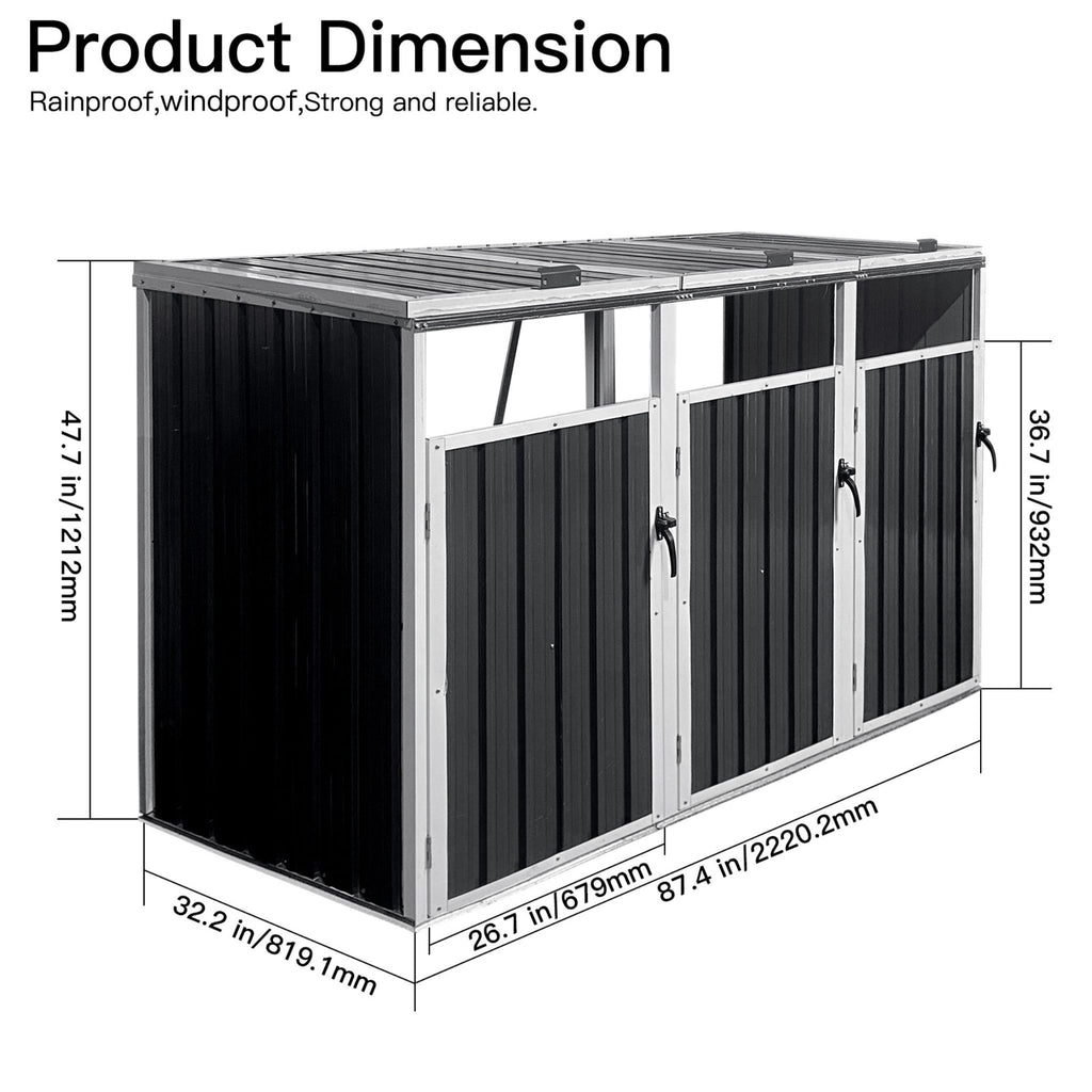 87 Inch Extra Large Heavy Duty Outdoor Metal Garbage Bin Shed For 3 Trash Cans (SAK34981) - Saksby Wholesale - Dimensions