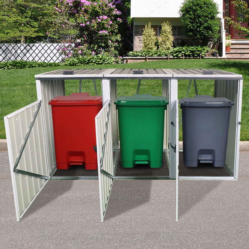 87 Inch Extra Large Heavy Duty Outdoor Metal Garbage Bin Shed For 3 Trash Cans (SAK34981) - Saksby Wholesale - Open Door Shed