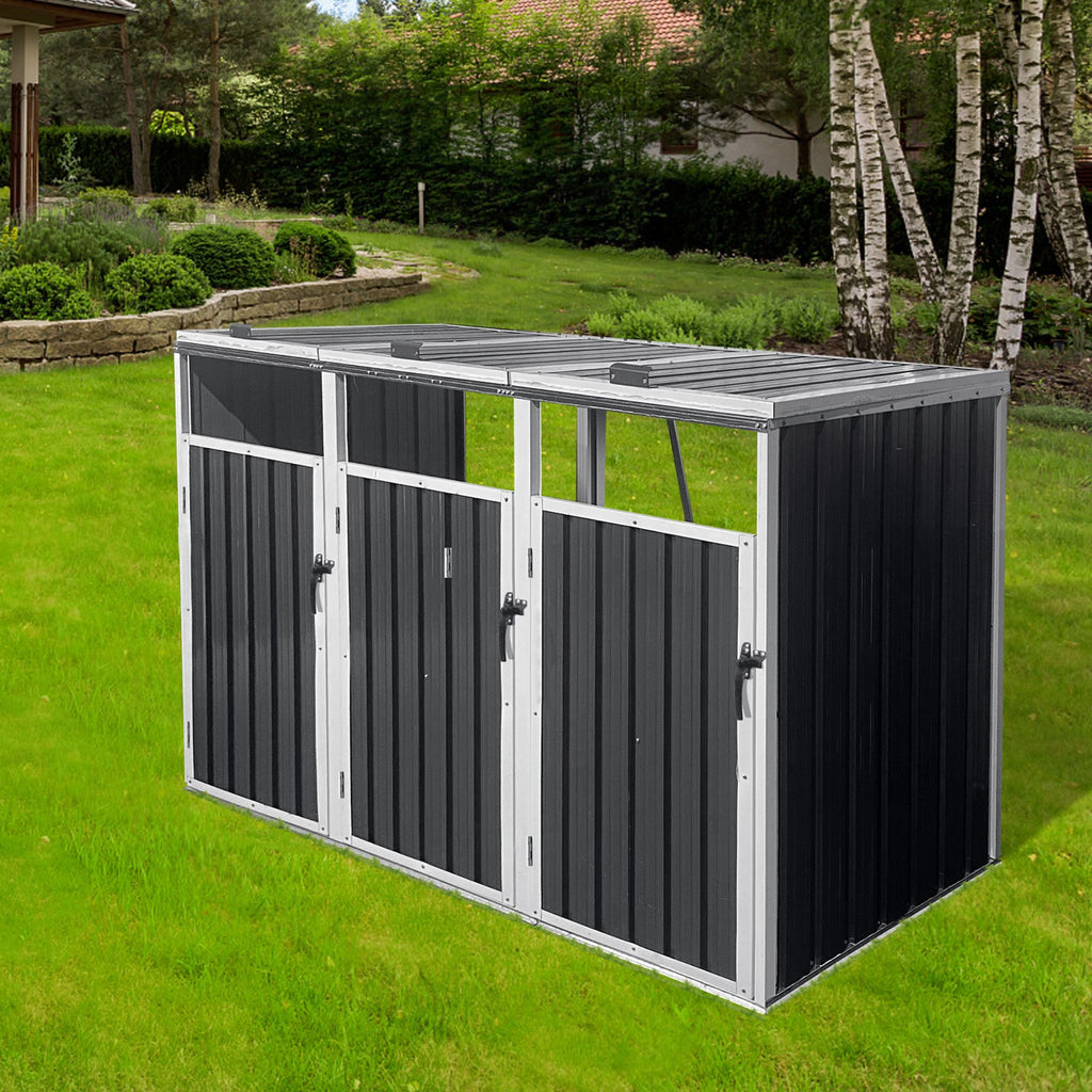 87 Inch Extra Large Heavy Duty Outdoor Metal Garbage Bin Shed For 3 Trash Cans (SAK34981) - Saksby Wholesale - Side View