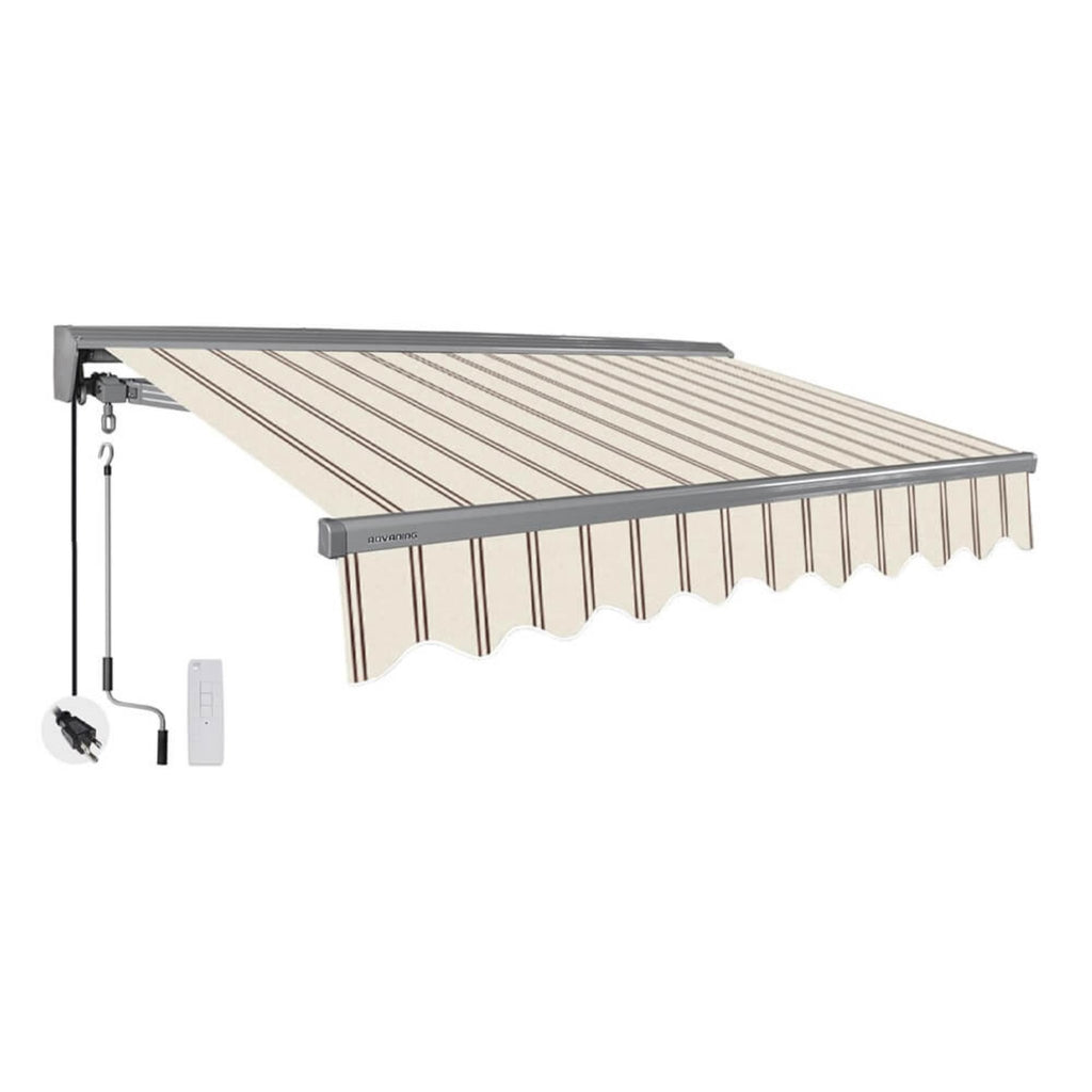 8FTx7FT Advaning Classic Series Electric Fully Assembled Retractable Sun Shade Canopy Awning (Sak51472) - Saksby Wholesale -Ea0807 Natural Beige With Brick Red Stripes Front Right View 