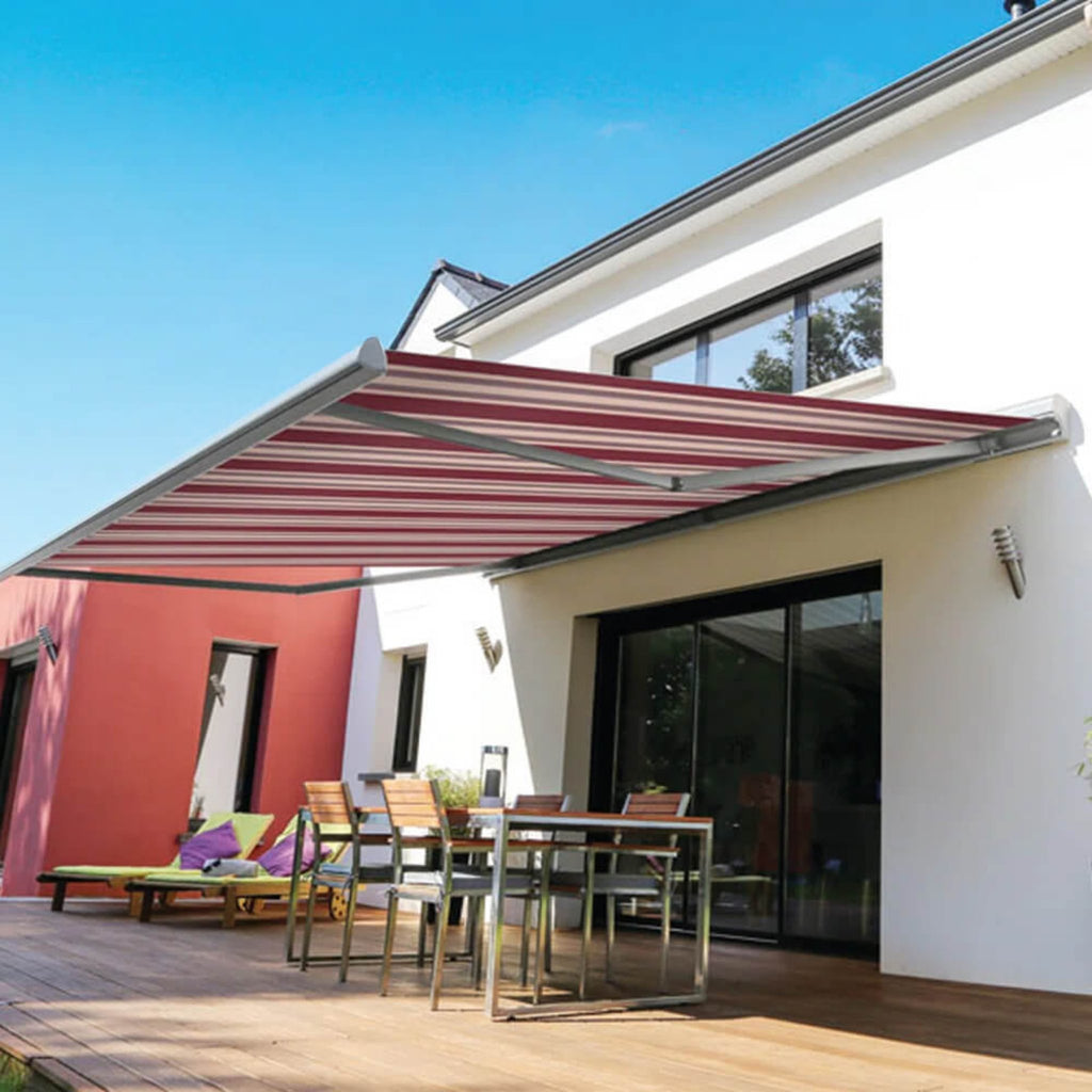 Advaning Luxury Series Fully-Assembled Retractable Sun Shade Canopy Awning (SAK31549) - Saksby Wholesale - Brick Red And Sand Beige Stripes Demonstration View