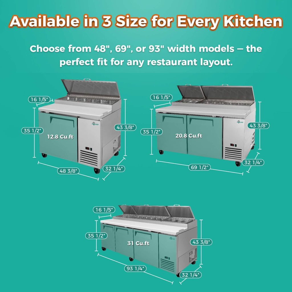 93-Inch Heavy-Duty Commercial Stainless Steel Pizza Prep Table With Refrigeration (SAK52193) - Saksby Wholesale - Dimension View