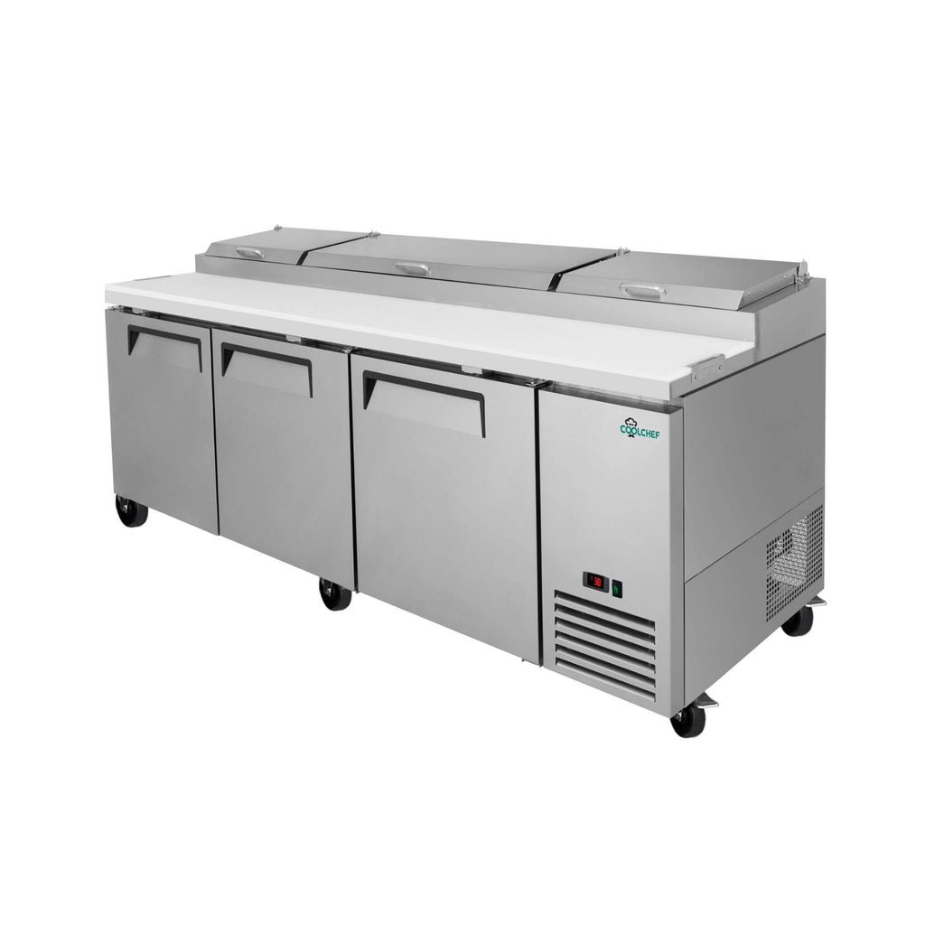 93-Inch Heavy-Duty Commercial Stainless Steel Pizza Prep Table With Refrigeration (SAK52193) - Saksby Wholesale - Front Left View