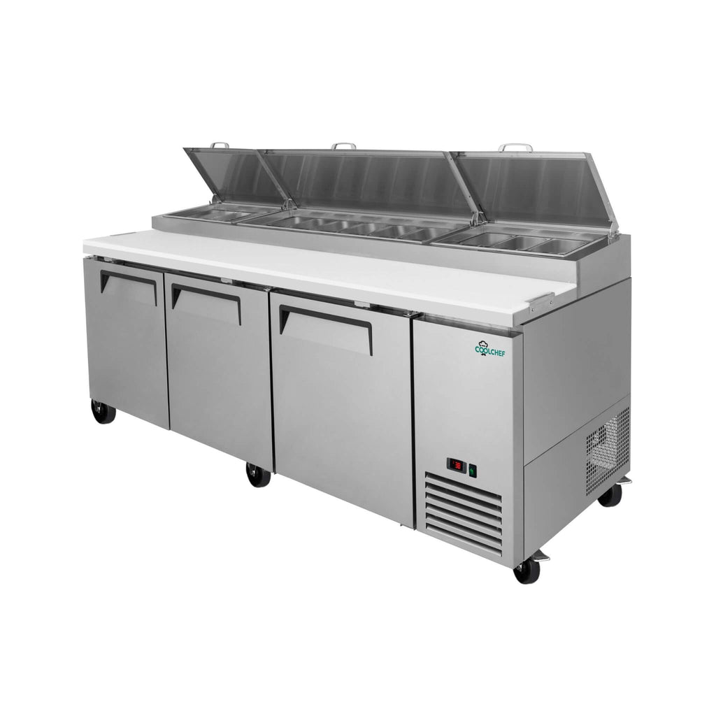 93-Inch Heavy-Duty Commercial Stainless Steel Pizza Prep Table With Refrigeration (SAK52193) - Saksby Wholesale - Front Left View