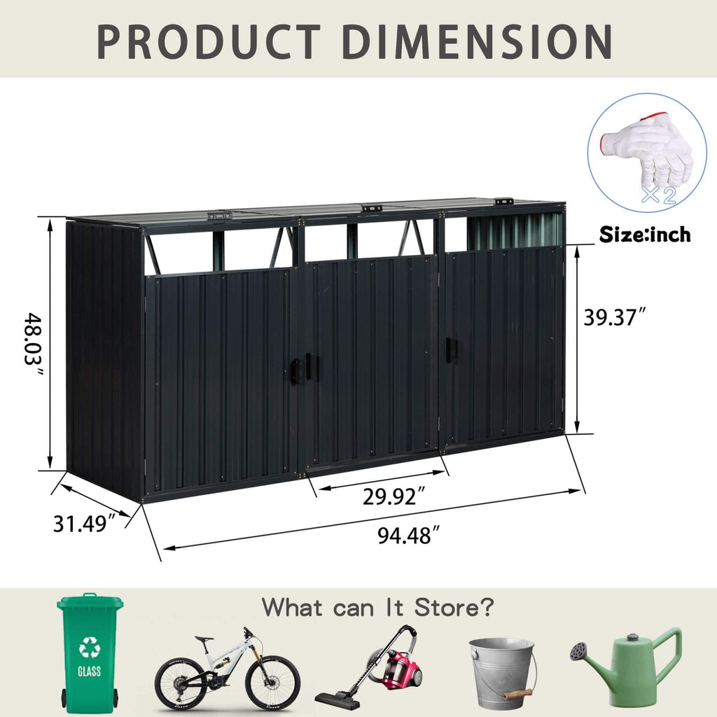 94 Inch Heavy Duty Outdoor Galvanized Stainless Steel Garbage Bin Shed For 3 Trash Cans (SAK89882) - Saksby Wholesale - Dimensions