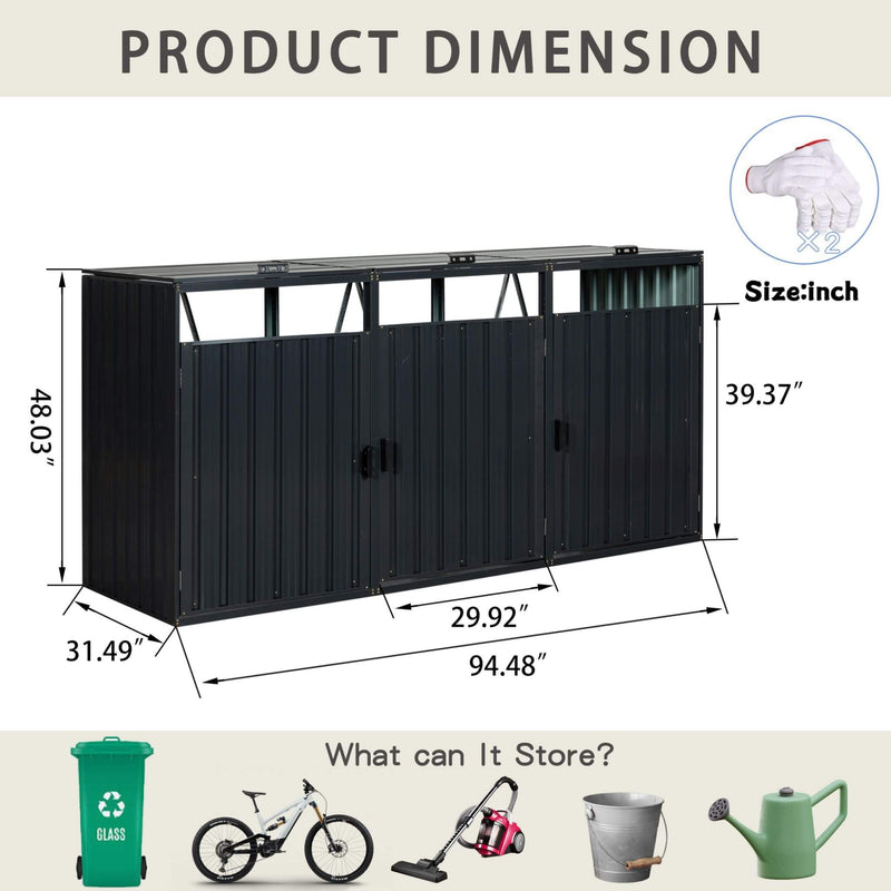 94 Inch Heavy Duty Outdoor Galvanized Stainless Steel Garbage Bin Shed For 3 Trash Cans (SAK89882) - Saksby Wholesale - Dimensions