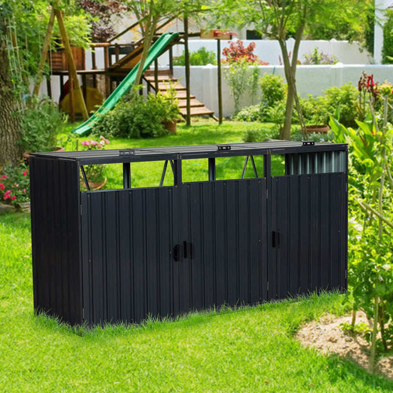 94 Inch Heavy Duty Outdoor Galvanized Stainless Steel Garbage Bin Shed For 3 Trash Cans (SAK89882) - Saksby Wholesale - Lifestyle