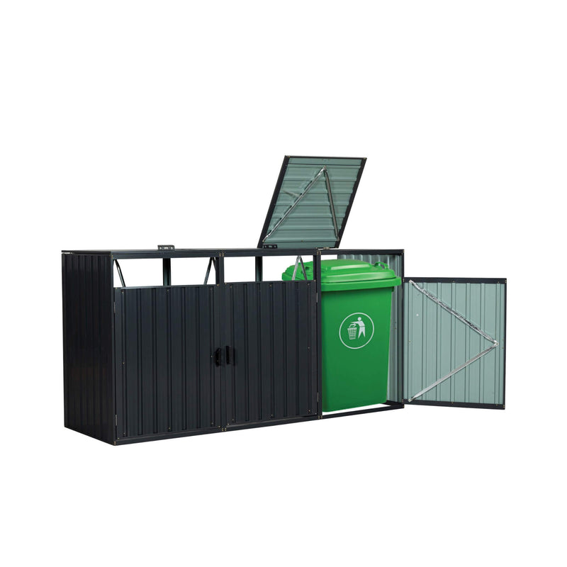 94 Inch Heavy Duty Outdoor Galvanized Stainless Steel Garbage Bin Shed For 3 Trash Cans (SAK89882) - Saksby Wholesale - Open Shed White Background