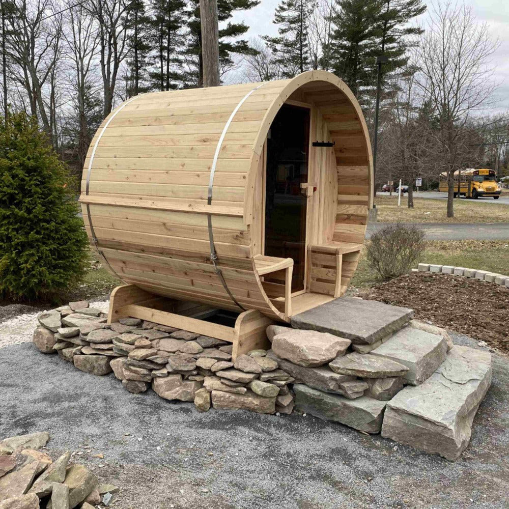 Aleko 4-Person Indoor Outdoor White Finland Pine Wet Dry Barrel Sauna With Bitumen Shingle Roofing & 4.5KW UL Certified KIP Harvia Heater [SB5PINECP-AP] (SAK82731)