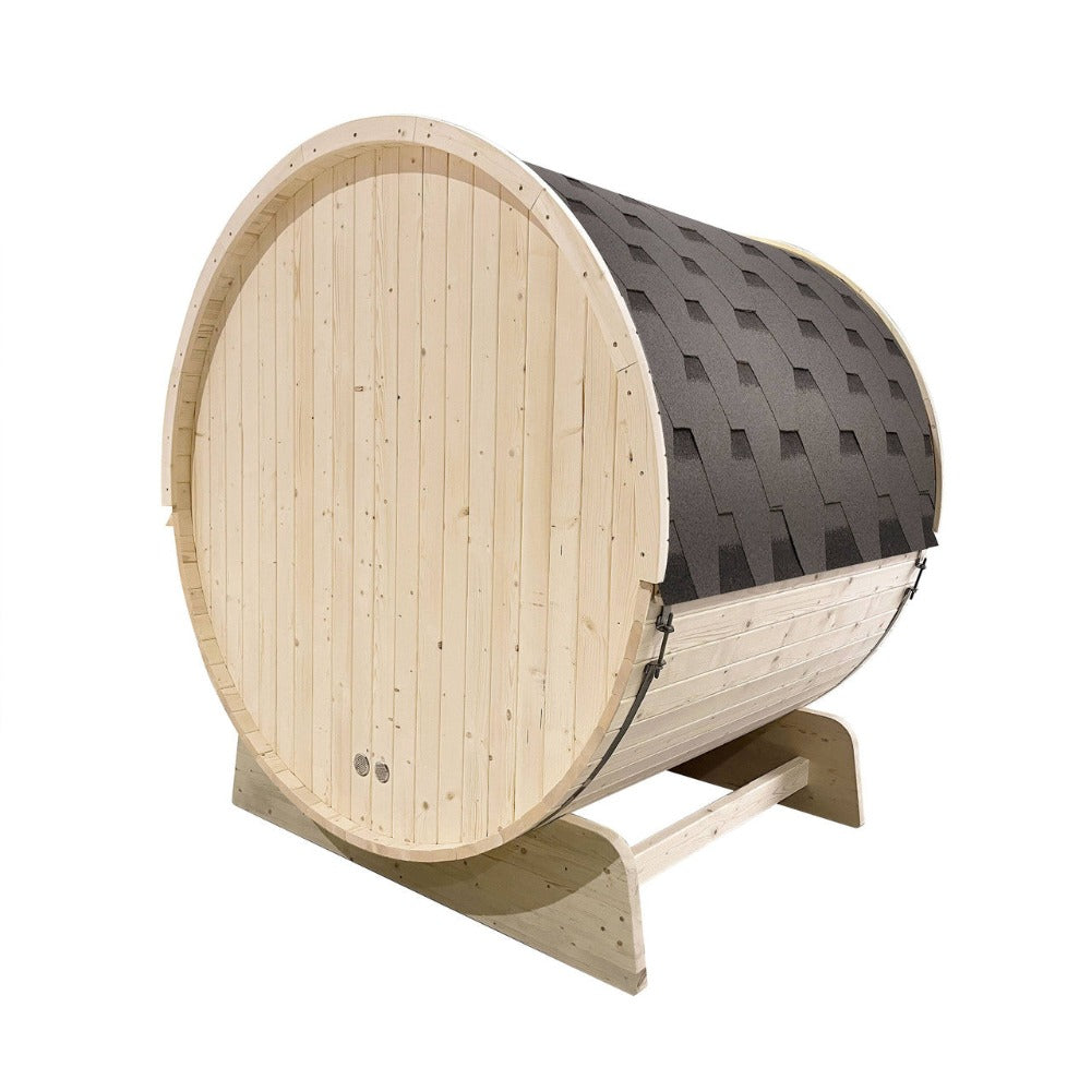 Aleko 4-Person Indoor Outdoor White Finland Pine Wet Dry Barrel Sauna With Bitumen Shingle Roofing & 4.5KW UL Certified KIP Harvia Heater [SB5PINECP-AP] (SAK82731)