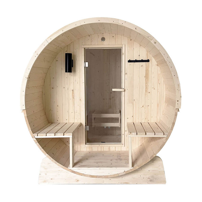 ALEKO 4-Person Indoor Outdoor White Finland Pine Wet Dry Barrel Sauna With Bitumen Shingle Roofing & 4.5KW UL Certified KIP Harvia Heater (SAK82731)