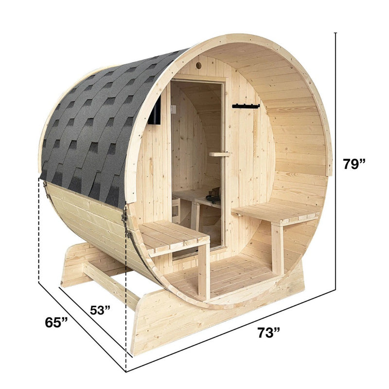 ALEKO 4-Person Indoor Outdoor White Finland Pine Wet Dry Barrel Sauna With Bitumen Shingle Roofing & 4.5KW UL Certified KIP Harvia Heater (SAK82731)