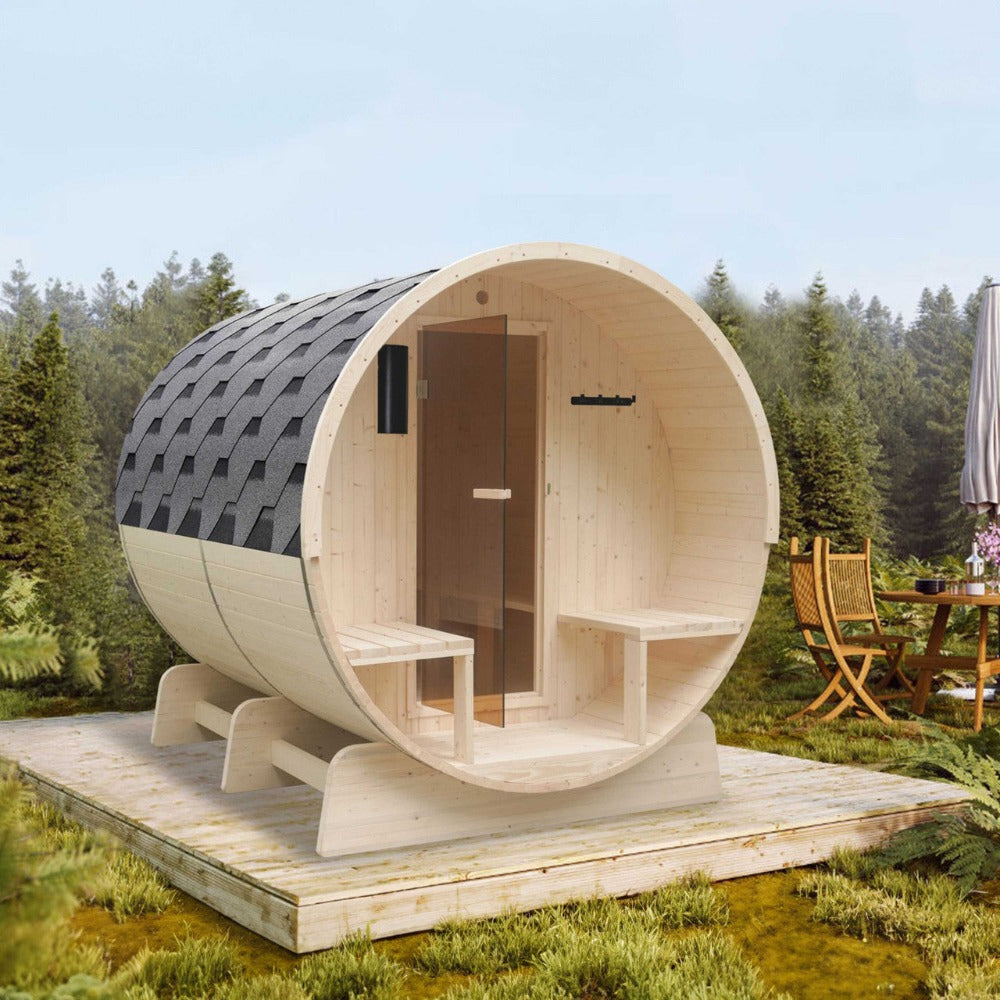 Aleko 8-Person Indoor Outdoor White Finland Pine Wet Dry Barrel Sauna With 8KW UL Certified KIP Harvia Heater [SB8PINECP-AP] (SAK64523)