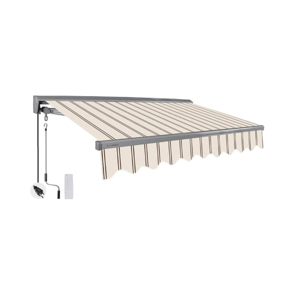 Advaning Classic Series Fully-Assembled Retractable Sun Shade Canopy Awning (SAK92851) - Saksby Wholesale - Natural Beige With Brick Red Stripes Front Right View 