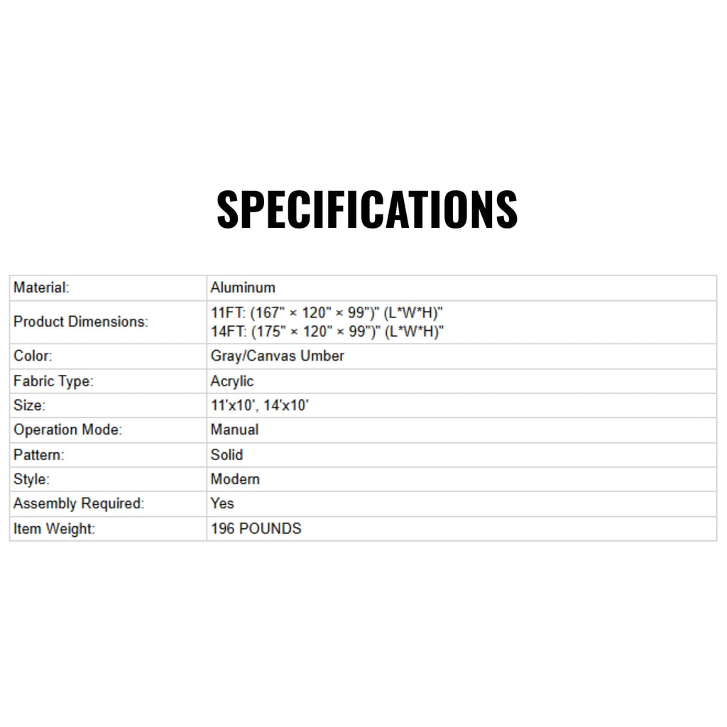 Advaning FS Series Freestanding Dual-Deploying Manual Retractable Awning [FS1110/1410] (SAK62975) - Saksby Wholesale - Specifications