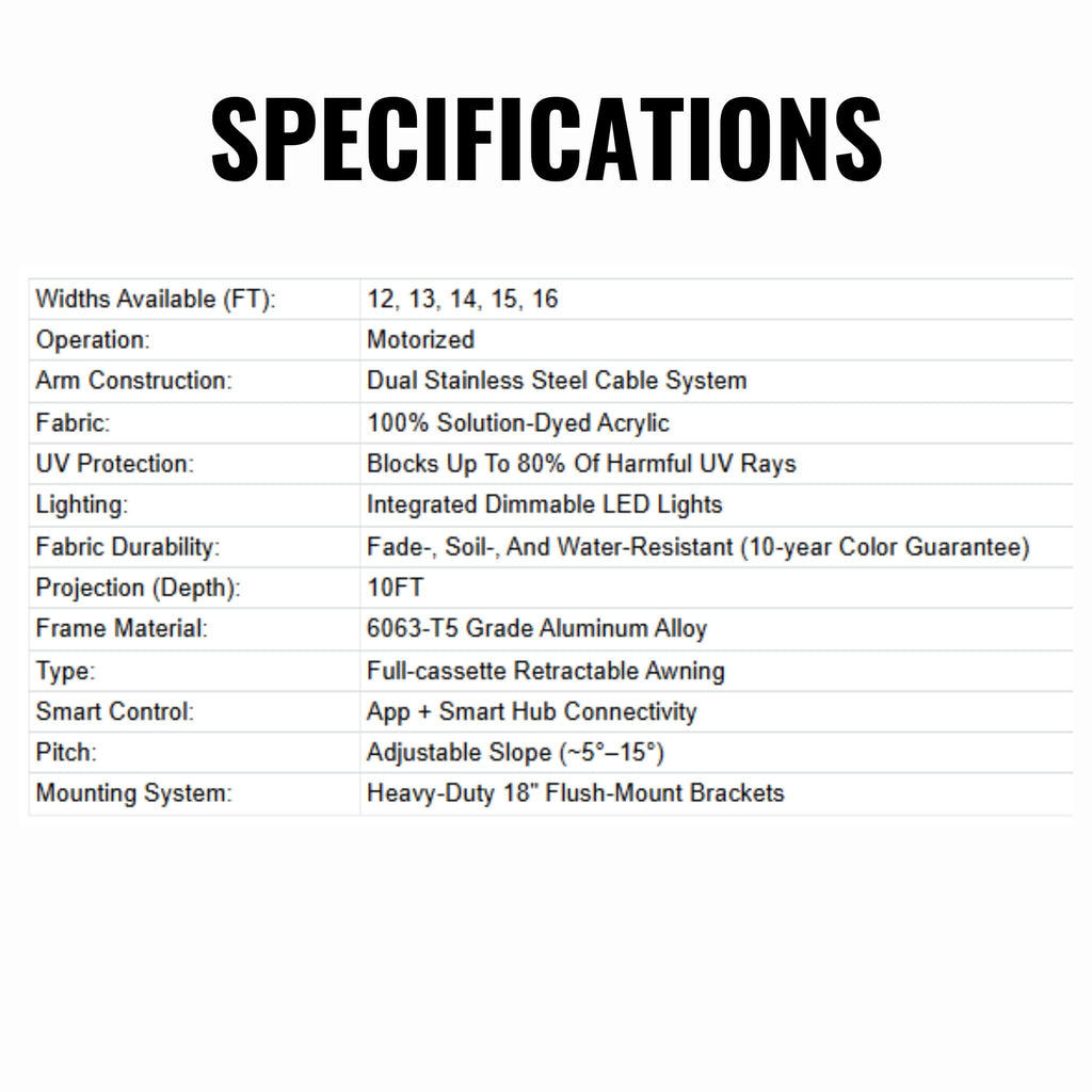 Advaning Prestige Series Full-Cassette Electric Motorized Retractable Awning (SAK25409) - Saksby Wholesale - Specifications