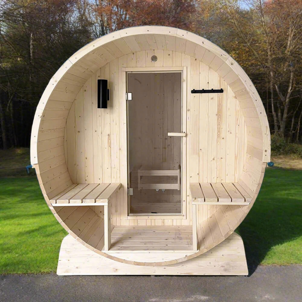 Aleko 4-Person Indoor Outdoor White Finland Pine Wet Dry Barrel Sauna With Bitumen Shingle Roofing & 4.5KW UL Certified KIP Harvia Heater [SB5PINECP-AP] (SAK82731)