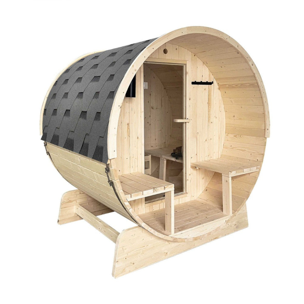Aleko 4-Person Indoor Outdoor White Finland Pine Wet Dry Barrel Sauna With Bitumen Shingle Roofing & 4.5KW UL Certified KIP Harvia Heater [SB5PINECP-AP] (SAK82731)- Saksby Wholesale - Side View