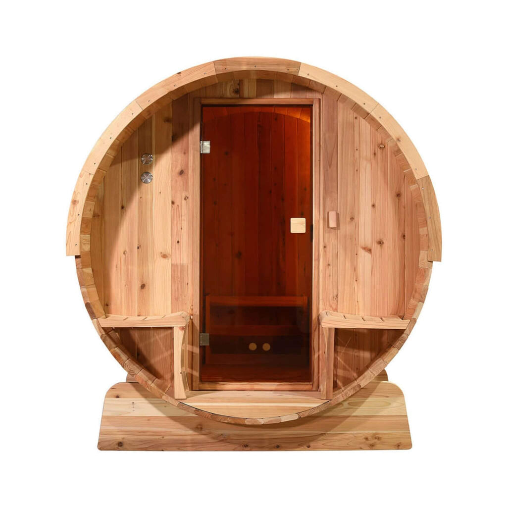 Aleco 4-Person Outdoor Rustic Cedar Barrel Steam Sauna With 4.5KW Harvia KIP Heater And Tempered Glass Door [SB4CED-AP] (SAK39482) - Saksby Wholesale - Front View