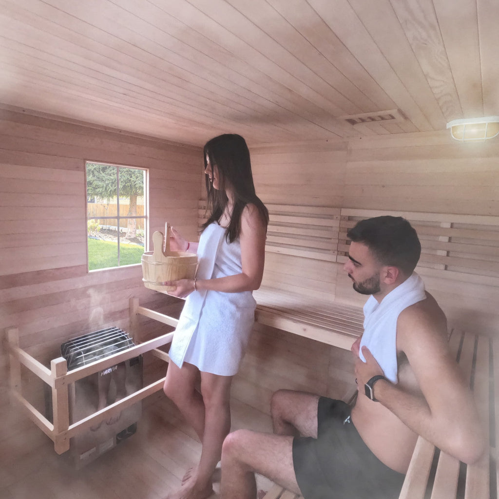 Aleko 8-Person Canadian Hemlock Wet Dry Outdoor Sauna With Asphalt Roof (SAK38275) - Saksby Wholesale - Lifestyle View