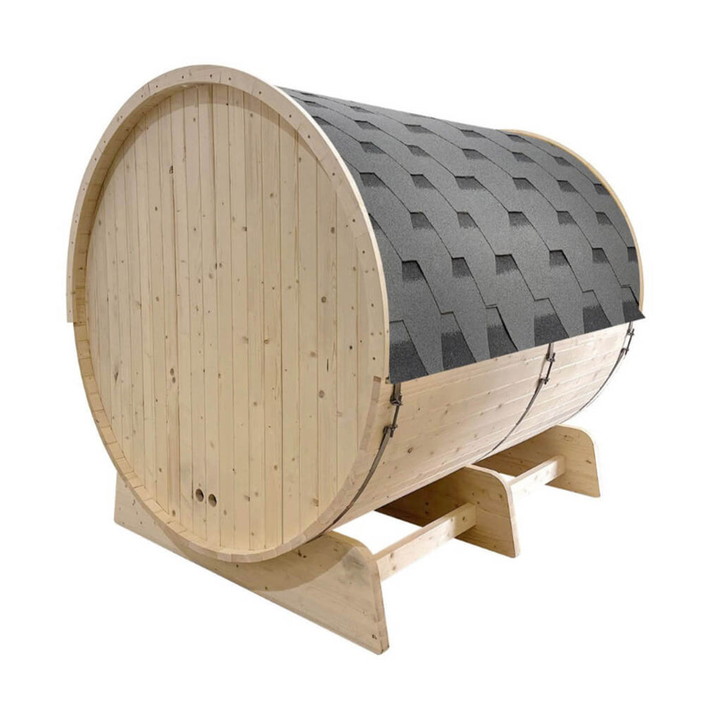 Aleko 8-Person Indoor Outdoor White Finland Pine Wet Dry Barrel Sauna With 8KW UL Certified KIP Harvia Heater [SB8PINECP-AP] (SAK64523) - Saksby Wholesale - Back Side VIew