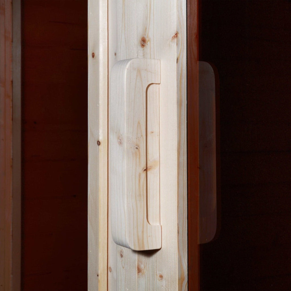 Aleko 8-Person Indoor Outdoor White Finland Pine Wet Dry Barrel Sauna With 8KW UL Certified KIP Harvia Heater [SB8PINECP-AP] (SAK64523) - Saksby Wholesale - Door Handle VIew